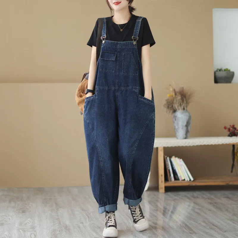 New Real Time Denim Casual Solid Color Strap Pants For Women - Navy Blue