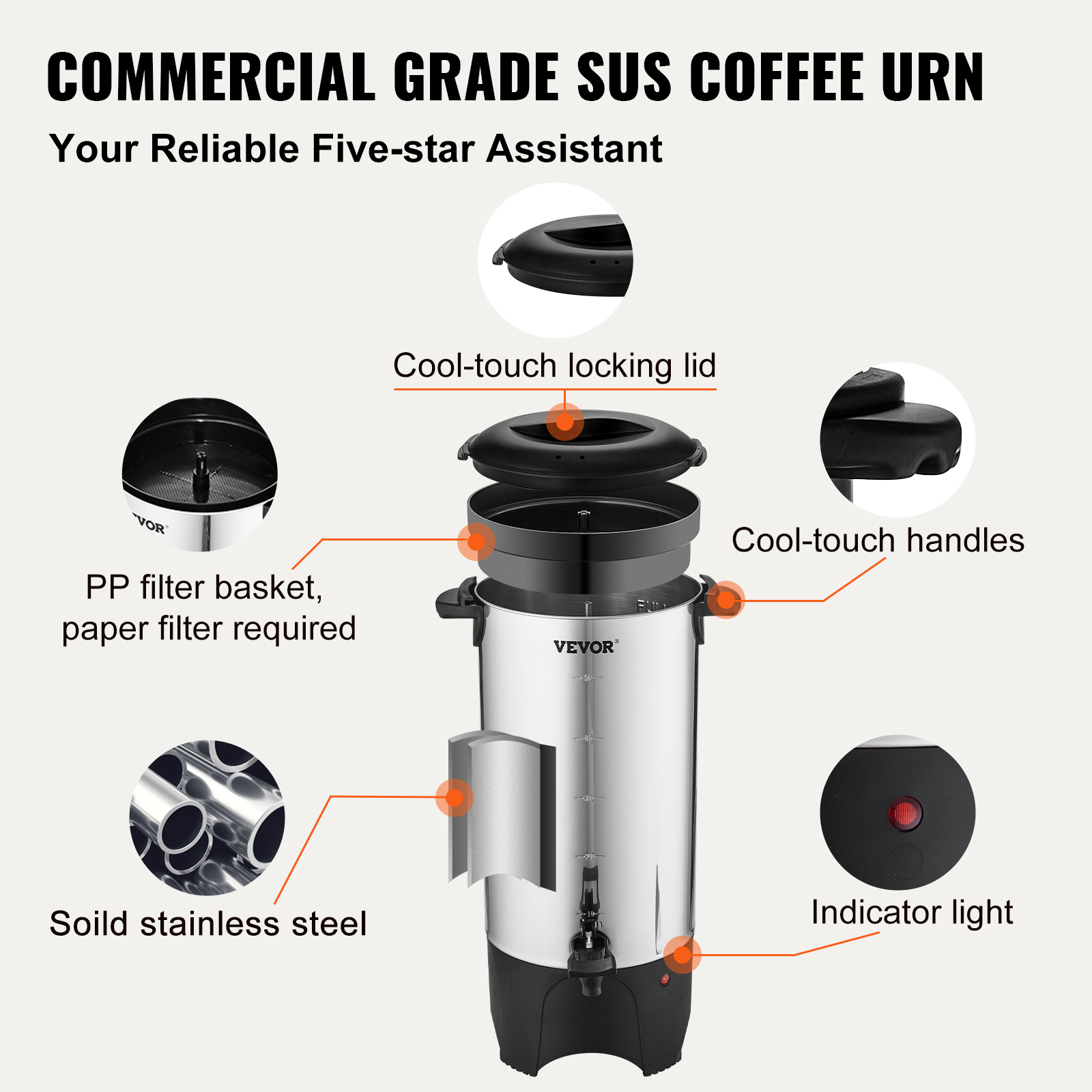 VEVOR Commercial Coffee Urn 50 Cup Stainless Steel Coffee Dispenser Fast Brew image 3