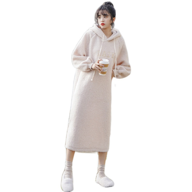 Women's Autumn And Winter Imitation Lamb Wool Hooded Sweater Dress