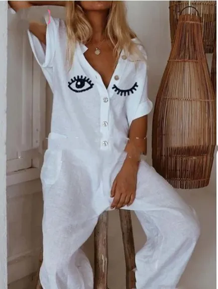 Summer New Style Ladies Casual Cotton And Linen Eye Print Jumpsuit White - Shop at LoveMi