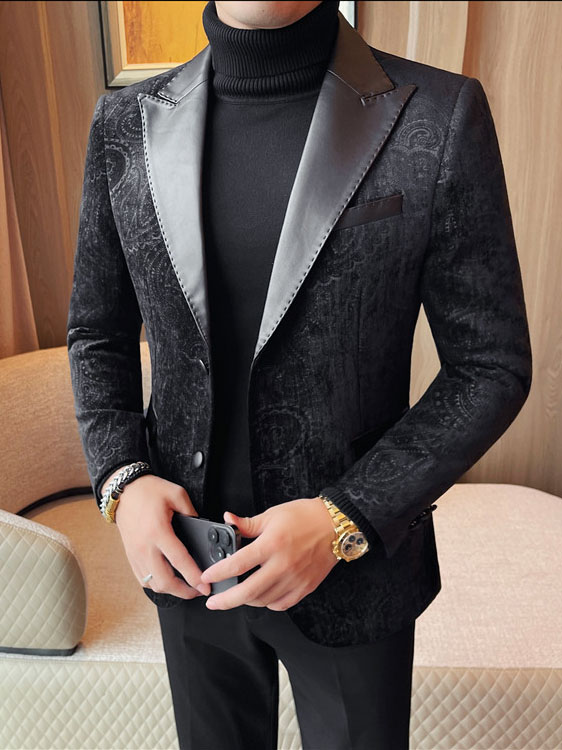 Jacquard Velvet Leather Lapel Men's Blazer