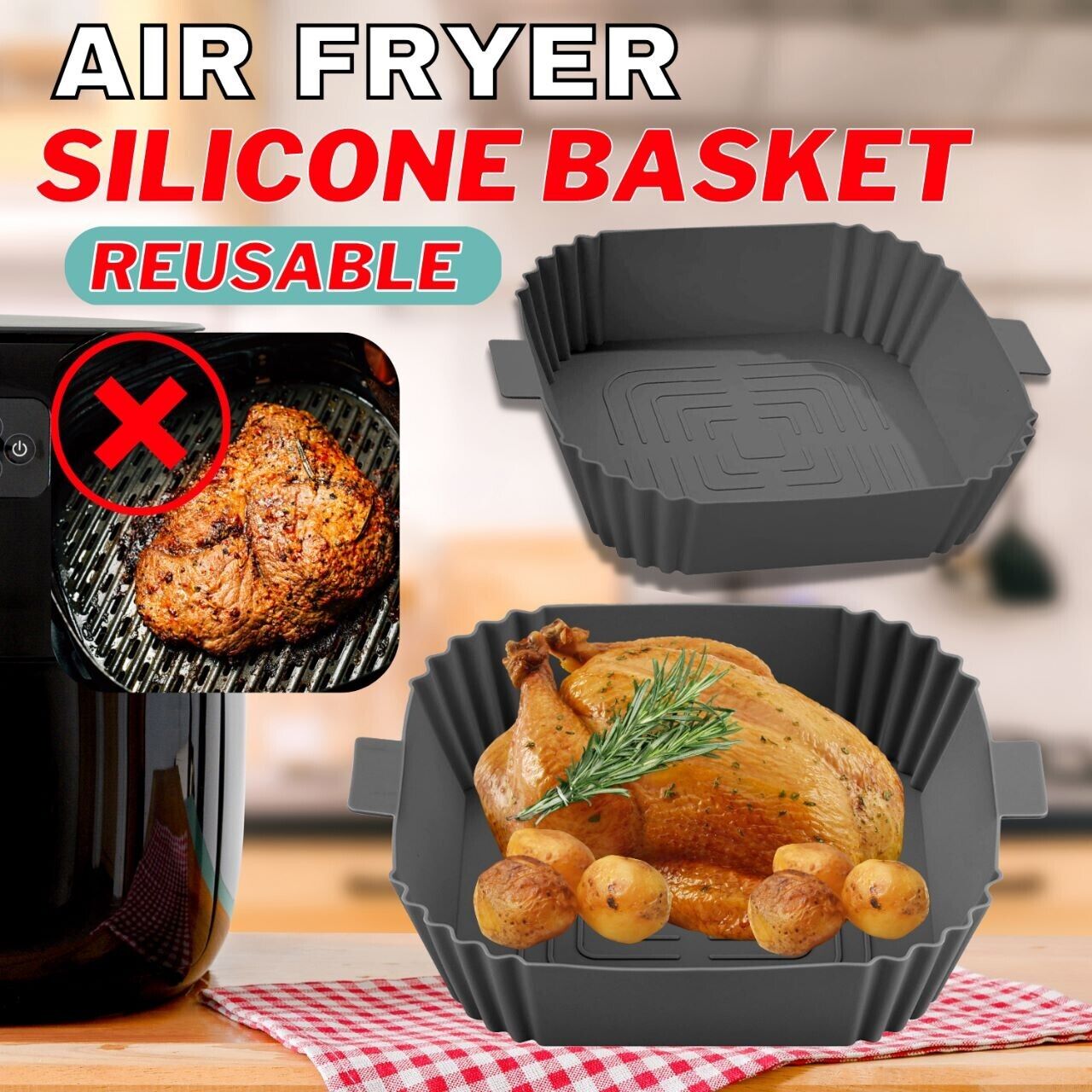 Silicone Air Fryer Tray Basket Liners Pot, Air Fryer Silicone Pot Basket Liners Non-Stick Safe Oven Baking Tray Accessories, Air Fryer Silicone Basket Liners Square, Reusable Air Fryer Silicone Pots for Food Safe Air Fryers Oven Accessories, Air Fryer Sil