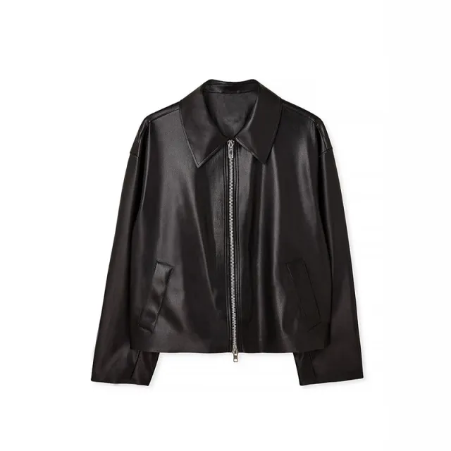 Women's Faux Leather Jacket, Cropped Zip Up Long Sleeve Casual Coat With Pockets Black - Shop at LoveMi
