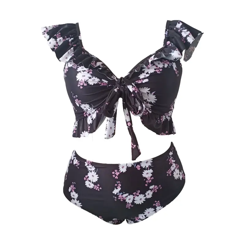 Printing Cover Pleating Ruffled Swimsuit