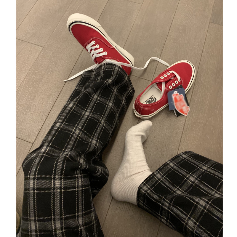 Nubuck Thickened Thin High waist Elastic Straight leg Plaid Casual Pants Black Plaid - Shop at LoveMi