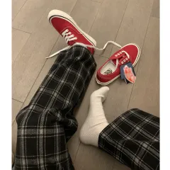 Nubuck Thickened Thin High-waist Elastic Straight-leg Plaid Casual Pants - Black Plaid - View 1
