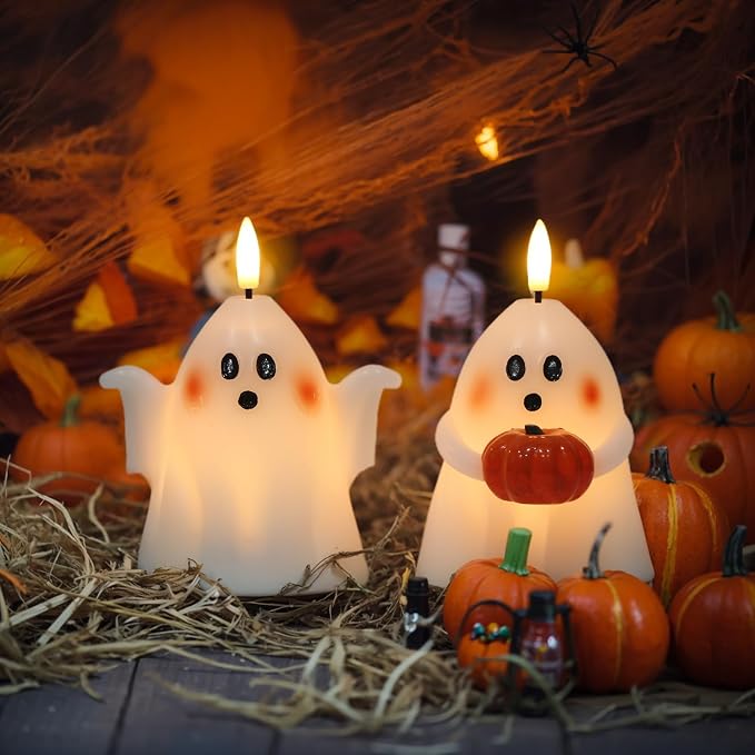 Halloween Ghost Flameless Candle With Timer And Hand-Painted Pumpkin Design