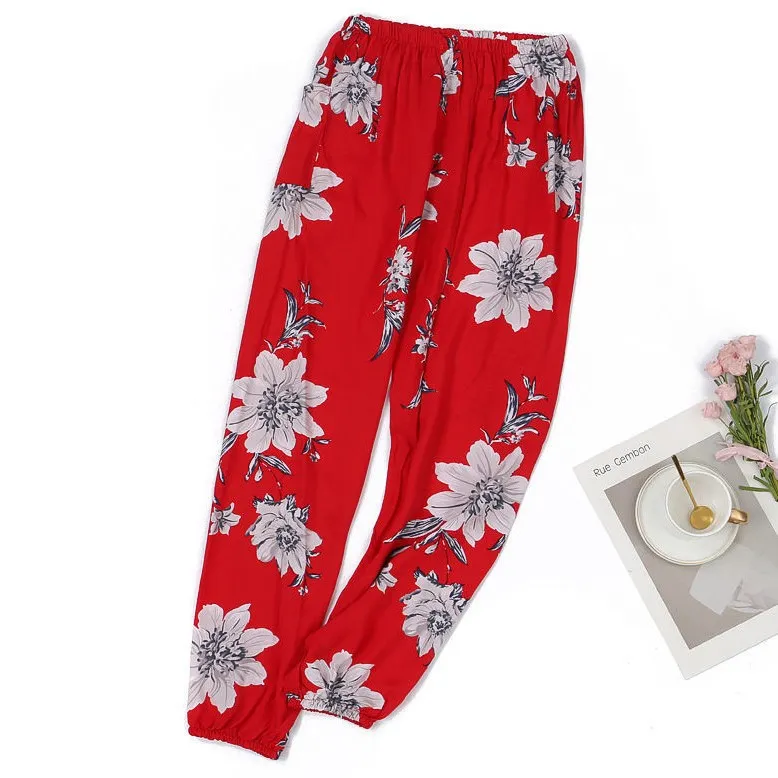 Women's Plus Size Cotton Pajama Pants - Red And White Flowers