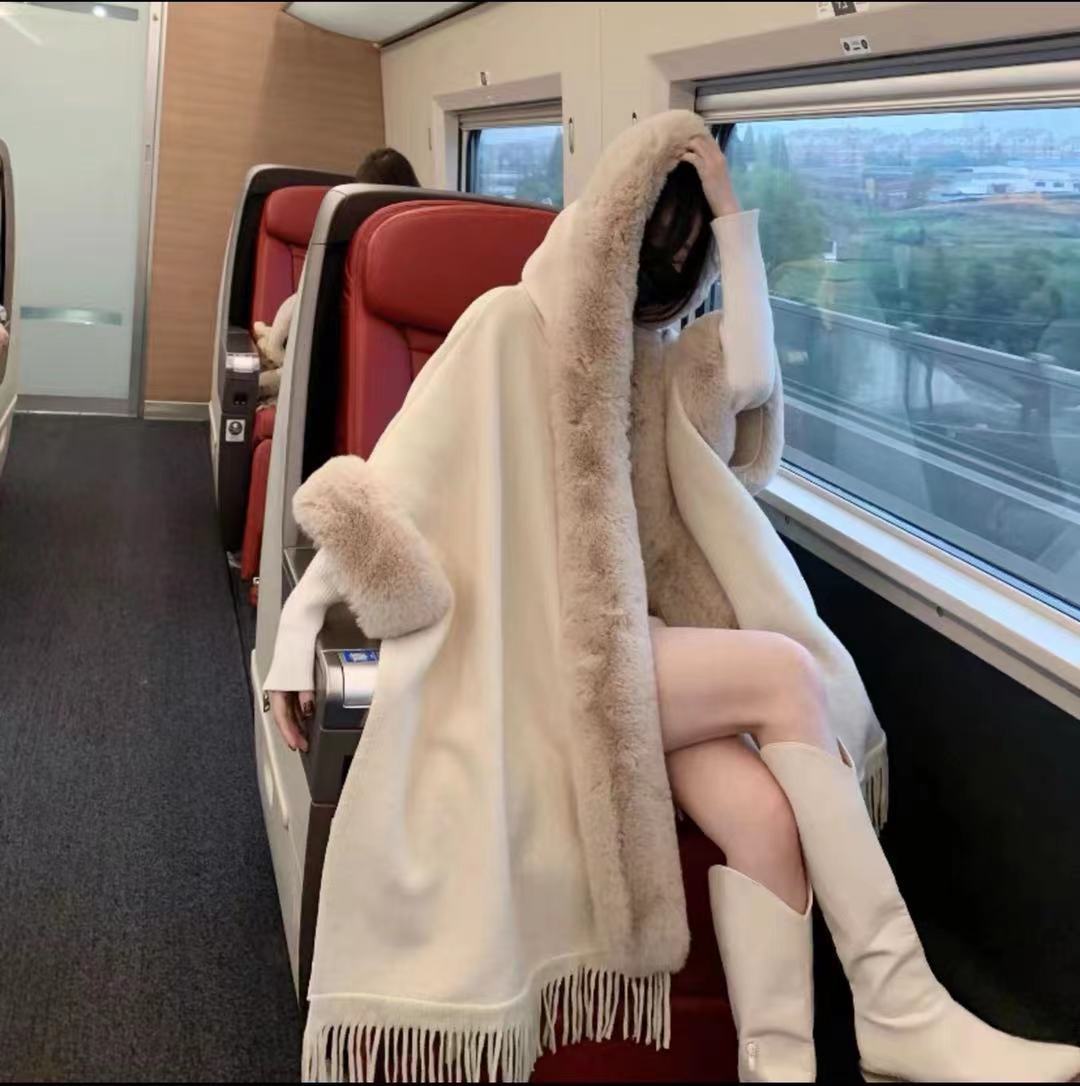 Hooded Tassel Knitted Cardigan Coat Cloak Shawl