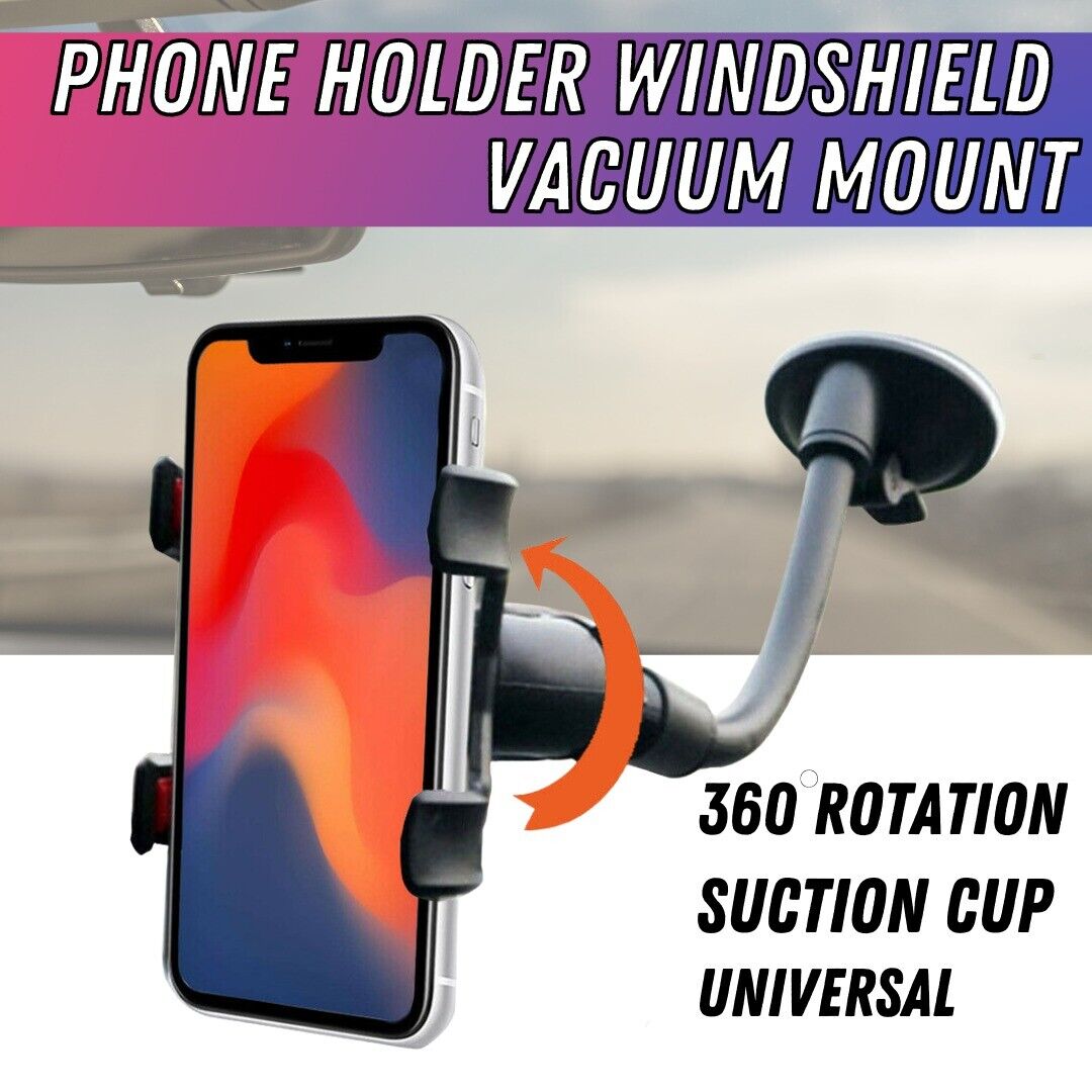 Adjustable car phone holder with 360° rotation and strong suction for windshield. Fits devices up to 3.54 inches wide. Durable arm with 360° rotation. No glue suction cup design. Made for car windshields only.