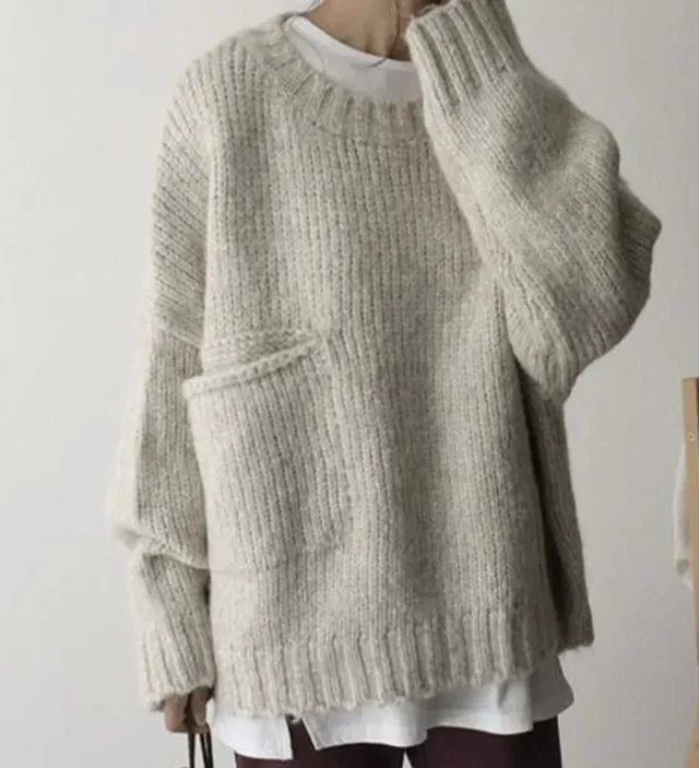 Women's Solid Color Pocket Pullover Sweater Apricot - Shop at LoveMi
