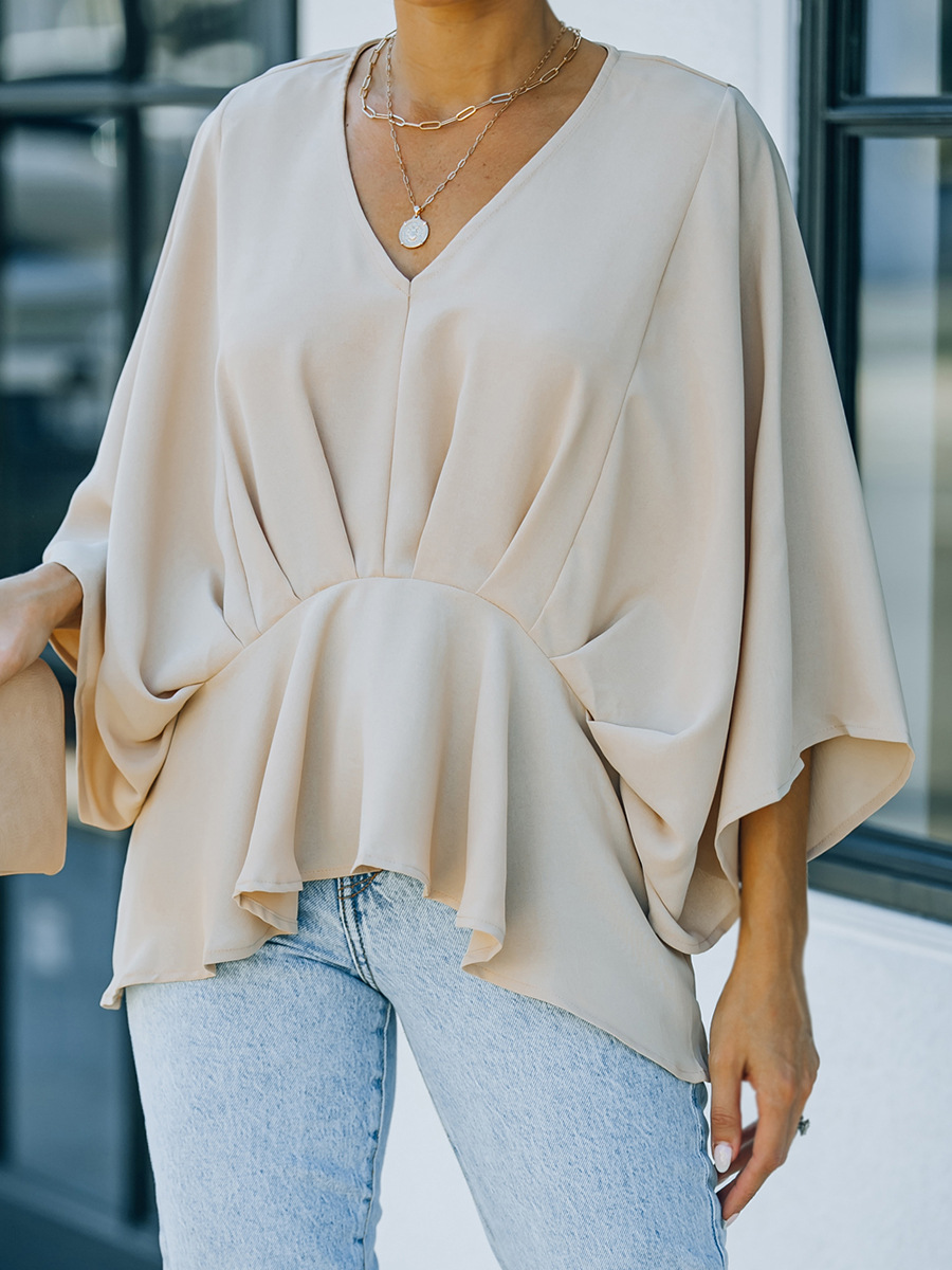 Bat Three-quarter Sleeve Waist Slimming Chiffon Shirt Women's New Solid Color Casual Top