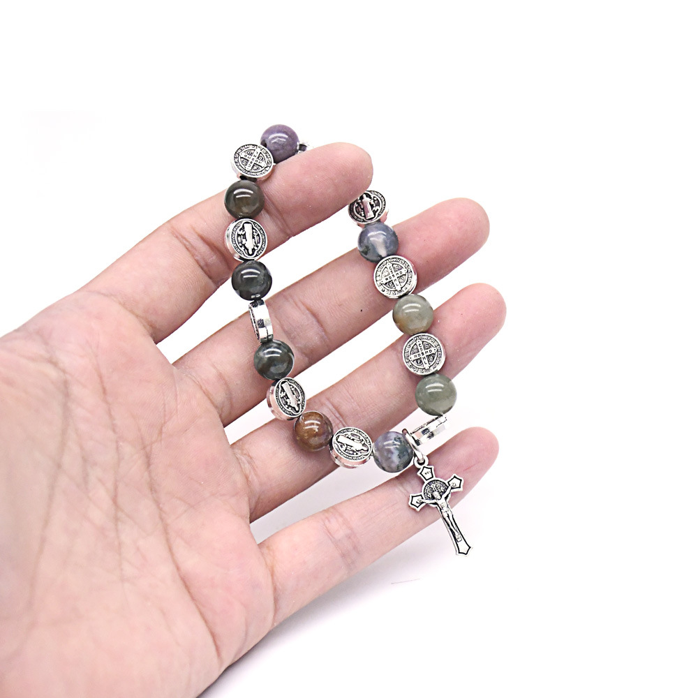 Natural Stone Indian Agate Cross Bead Bracelet