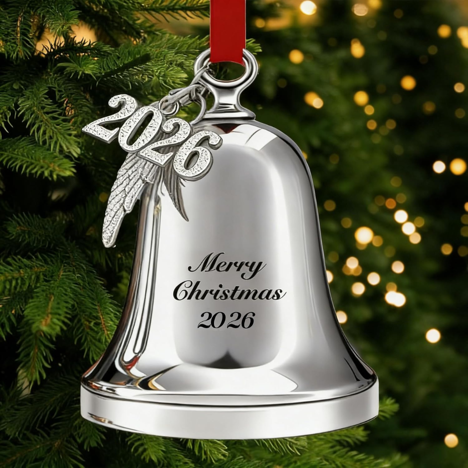 Christmas Bell Ornament 2026, Silver Angel Sleigh Bell Decoration, Merry Christmas Hanging Bell For Tree & Home