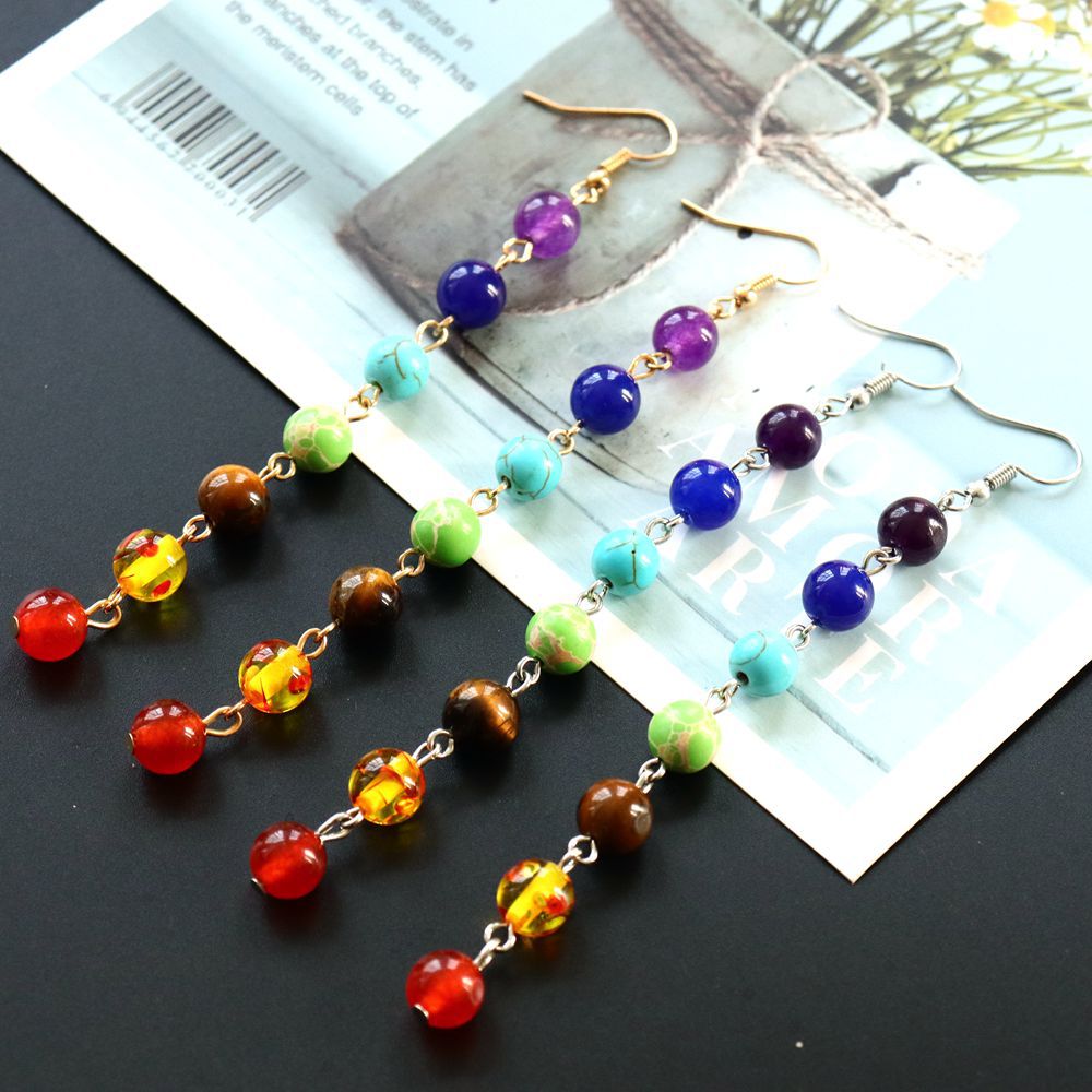 Women's Natural Crystal Stone Round Bead Curved Earrings