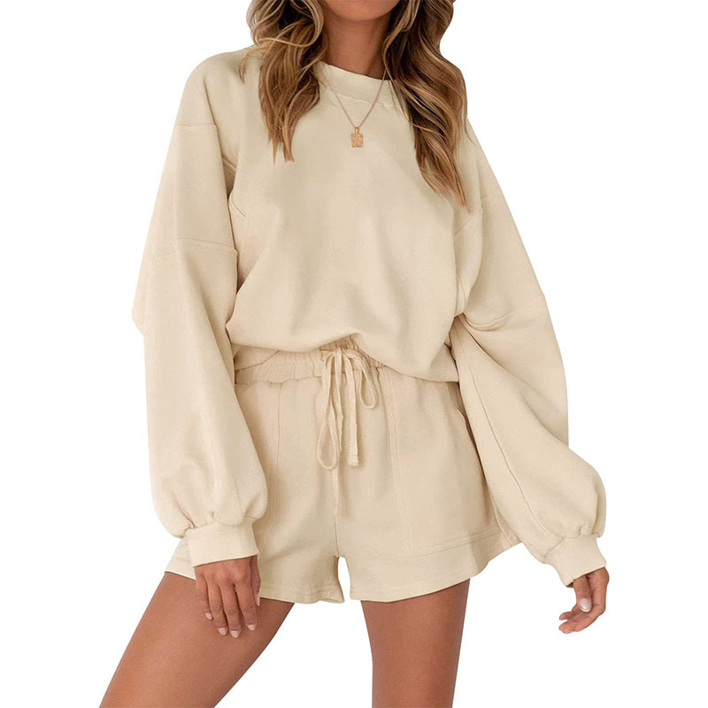 Casual Sports Sweatshirt Suits Loose Pullover Top And Drawstring Shorts Two piece Set Womens Clothing Apricot - Shop at LoveMi