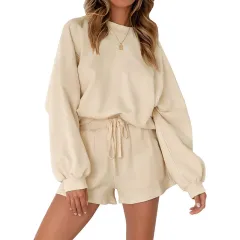 Casual Sports Sweatshirt Suits Loose Pullover Top And Drawstring Shorts Two-piece Set Womens Clothing - Apricot - View 1
