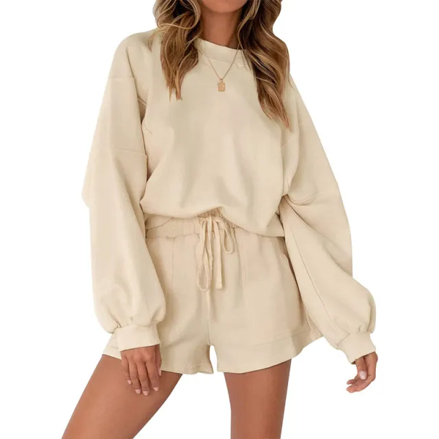 Casual Sports Sweatshirt Suits Loose Pullover Top And Drawstring Shorts Two piece Set Womens Clothing Apricot - Shop at LoveMi