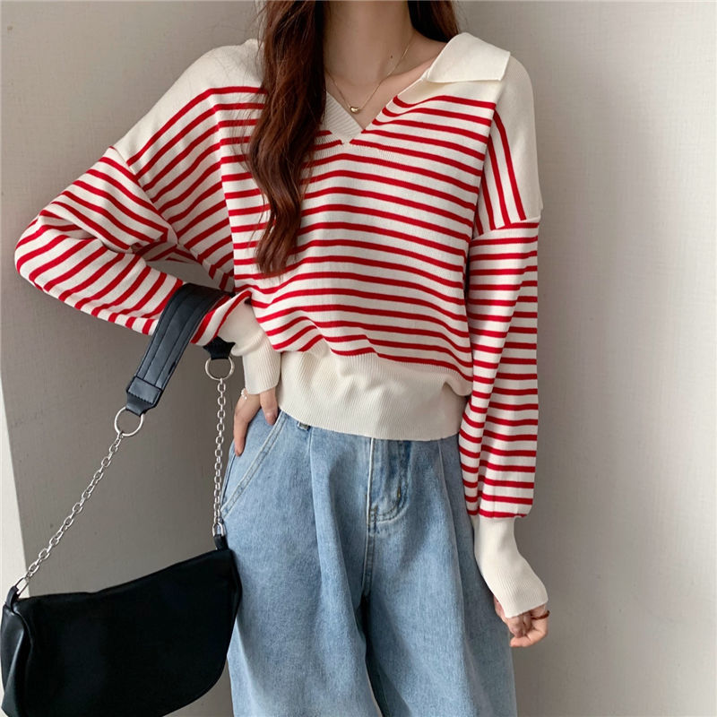 Title 3, Striped Short Long-sleeved Sweater Lapel Cover