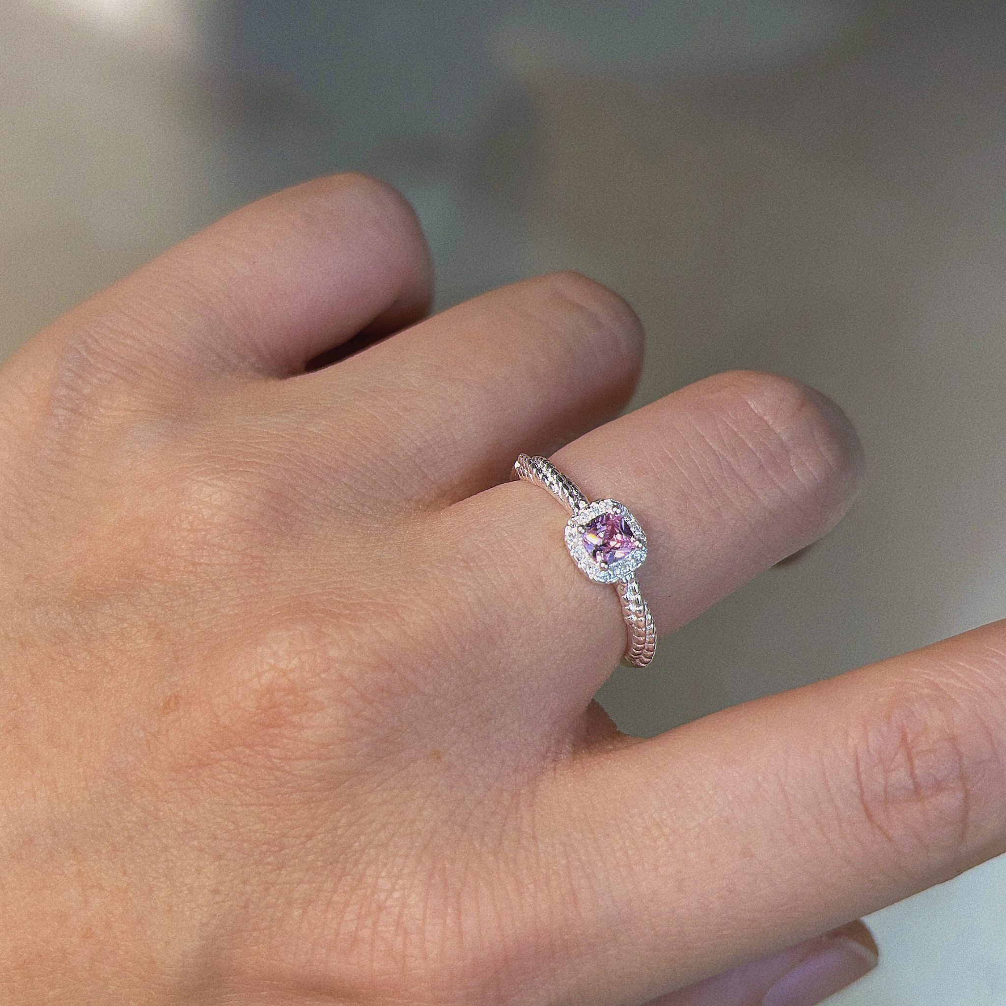 Pink Cushion Cut CZ Sterling Silver Ring | Halo Pave Twisted Band — view 6