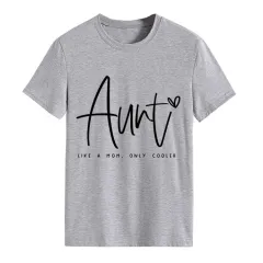 AUNT LIKE A MOM Fashion Round Neck Loose Short Sleeves - Light Grey Black Font - View 1