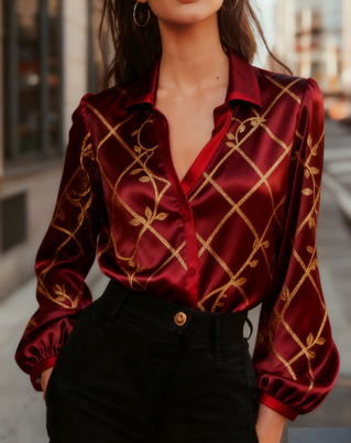 Chemise bouffante à blocs de couleurs et bordures rouges style luxe urbain pour femmes