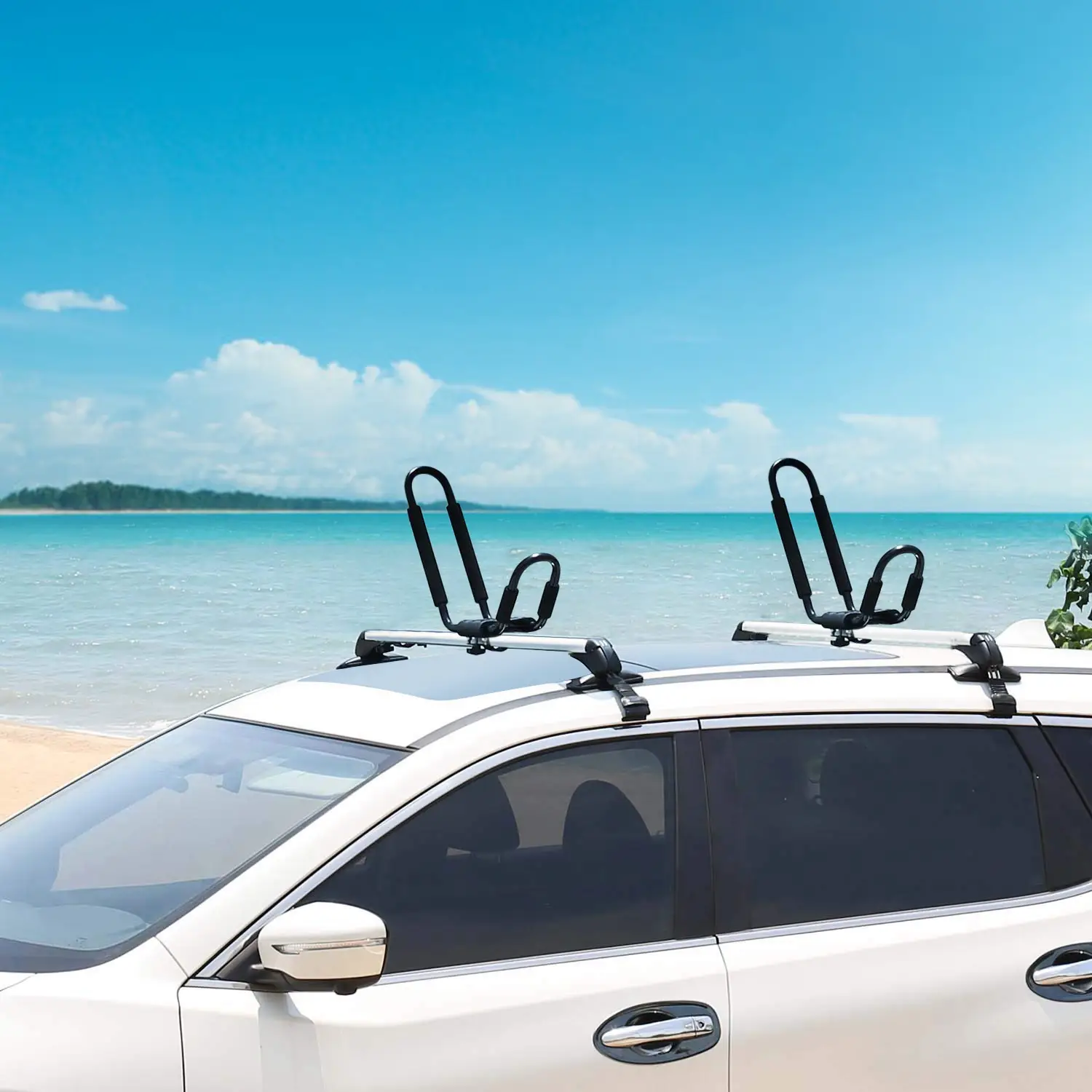 1 Pair Universal J-Bar Kayak Carrier 220LBS Load Heavy Duty Canoe Car Top Mount Carrier Roof Rack With 2Pcs Tie Down Straps