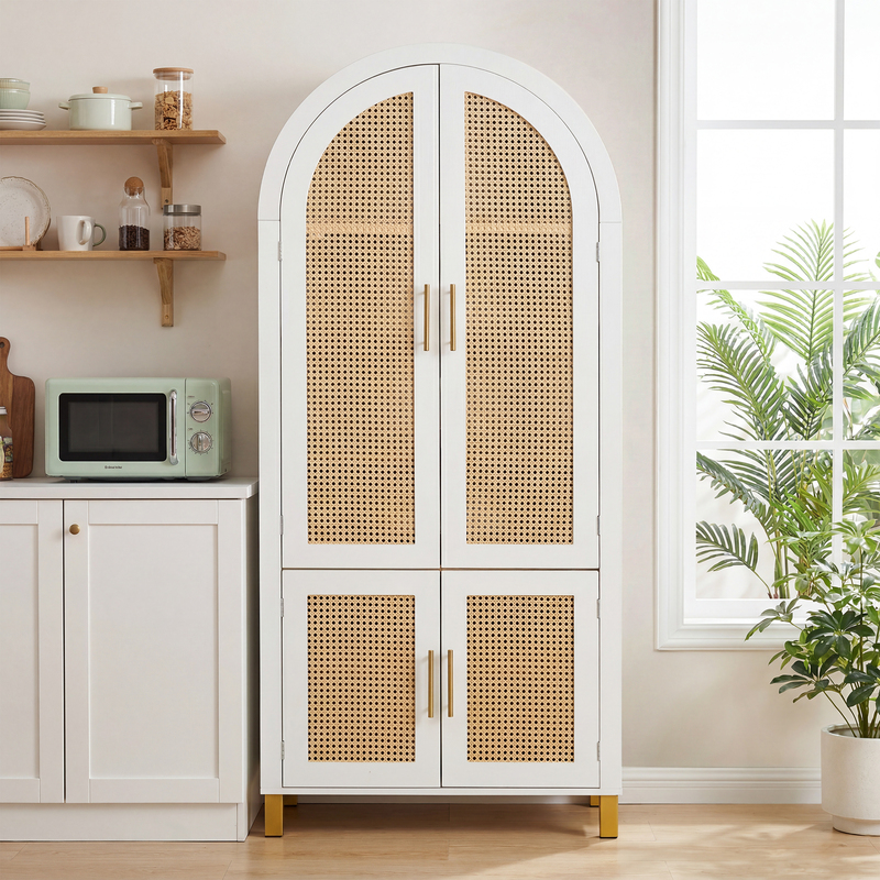 71-Inch White Arched Rattan Cabinet