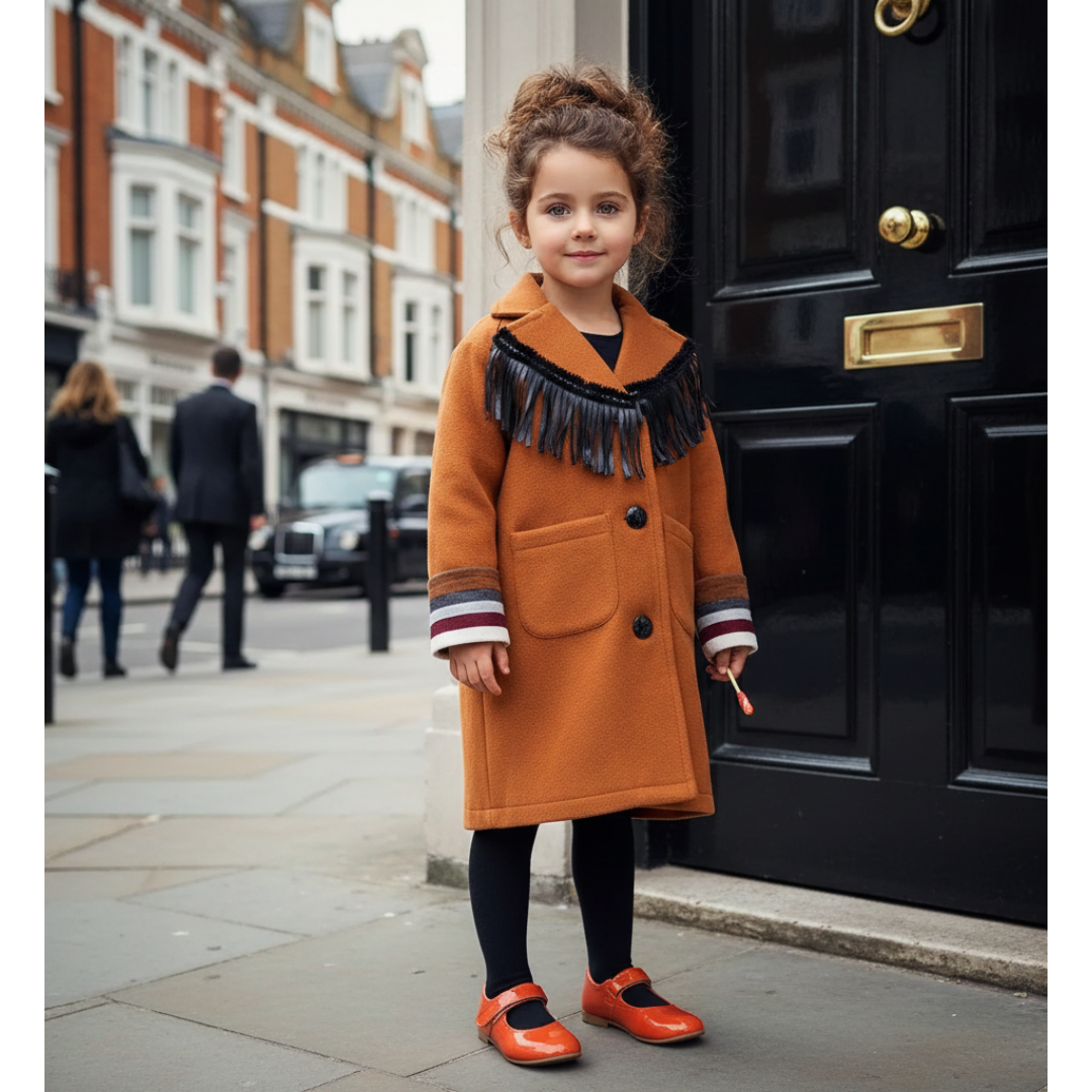Girls Woolen Long Coat 3-12y Cream Orange Vintage Cute Style — image 8