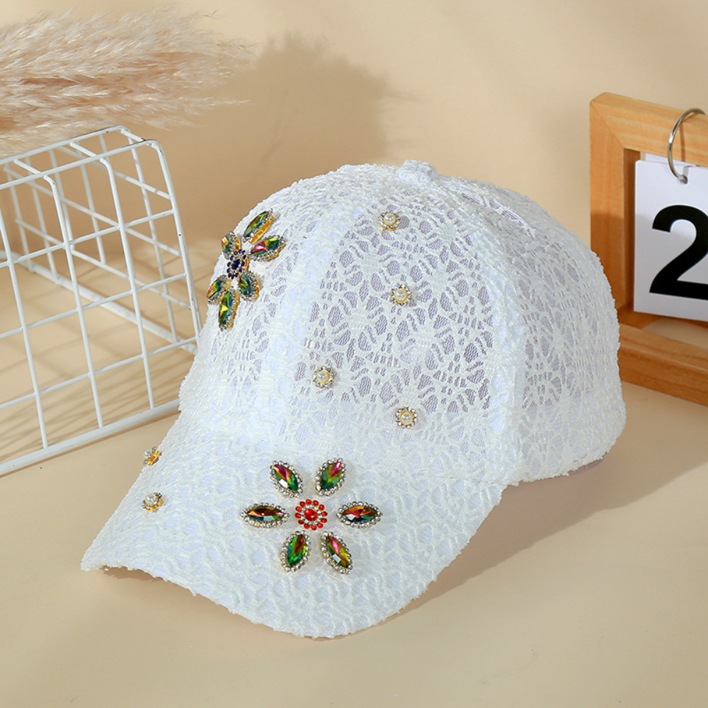 Lady's Lace-textured Colored Diamond Flower-pattern Breathable Versatile Fashionable Baseball Cap Suitable For Banquets, Outings, Daily Shopping