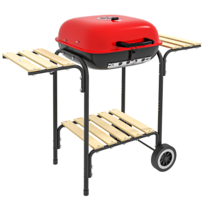 Outsunny 17 Portable Charcoal Grill With Wheels, 2 Side Tables And Bottom Shelf, BBQ With Adjustable Vents On Lid For Picnic, Camping, Backyard, Cooking, Red