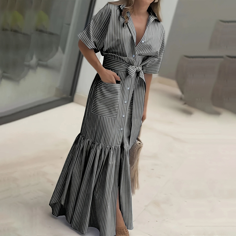 Women's Summer Casual Striped Button Down Maxi Dress Tie Waist Short Sleeve Shirt Dress With Pockets Black - Shop at LoveMi