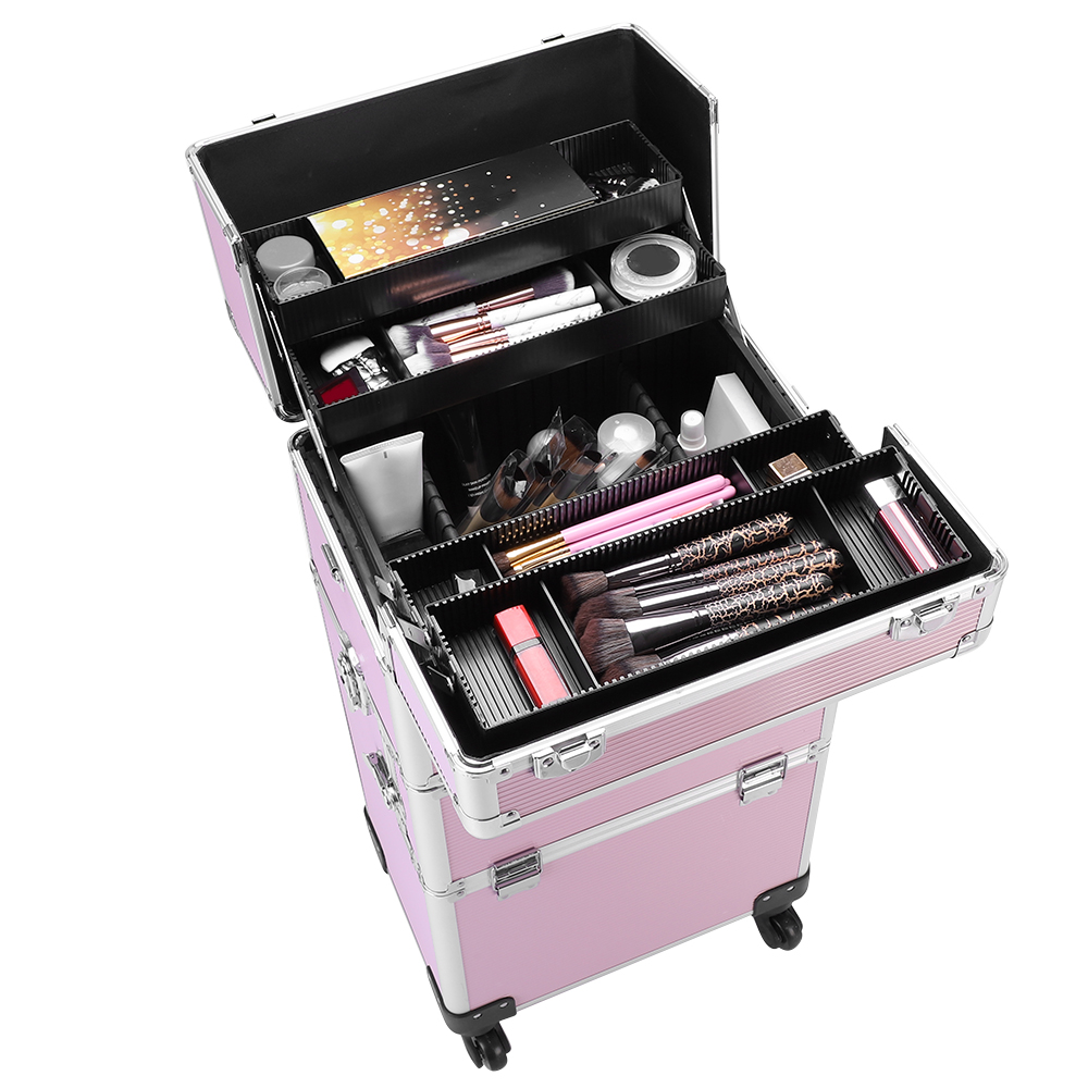 3 In 1 Aluminum Cosmetic Makeup Case Makeup Travel Organizer Cosmetology Case, Aluminum Cosmetic Display Suitcase On Wheels, Beauty Storage Luggage Lockable W-4 Removable Wheels