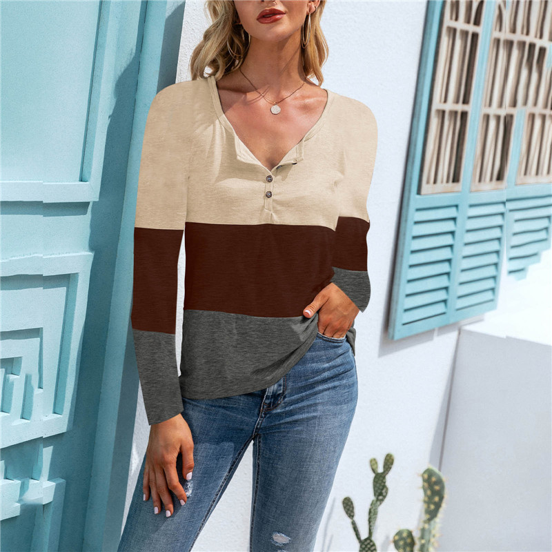 Casual Pullover Long-sleeved Stitching Button T-shirt Top Women's Clothing