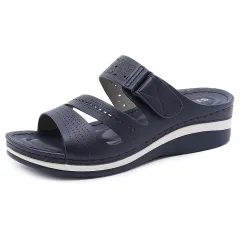 Hollow Wedge Platform Shoes With Velcro Solid Color Casual Roman Slippers - Blue - View 1