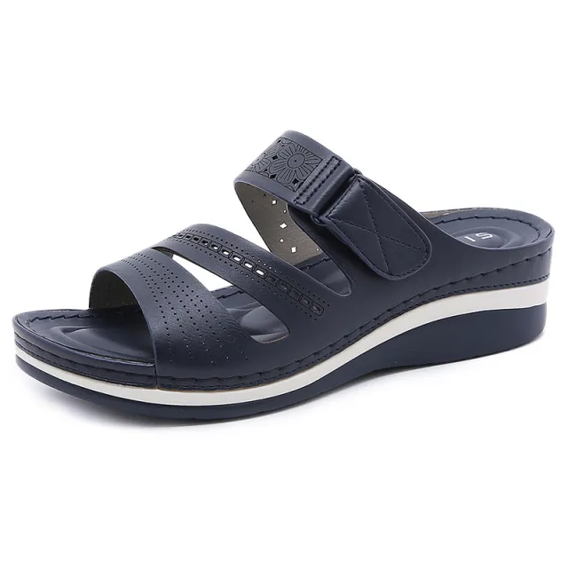 Hollow Wedge Platform Shoes With Velcro Solid Color Casual Roman Slippers Blue - Shop at LoveMi