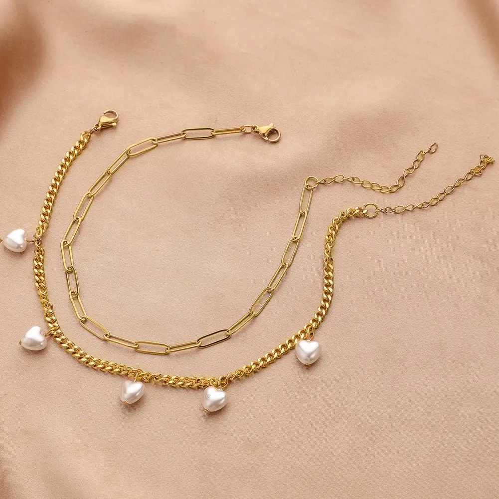 Stainless Steel Gold Double Love Pearl Anklet