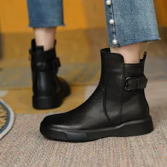 Vintage Shoes Women Ankle Boots With Buckle Side Zipper - Black - View 1
