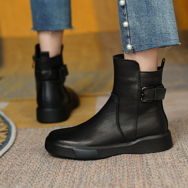 Vintage Shoes Women Ankle Boots With Buckle Side Zipper Black - Shop at LoveMi