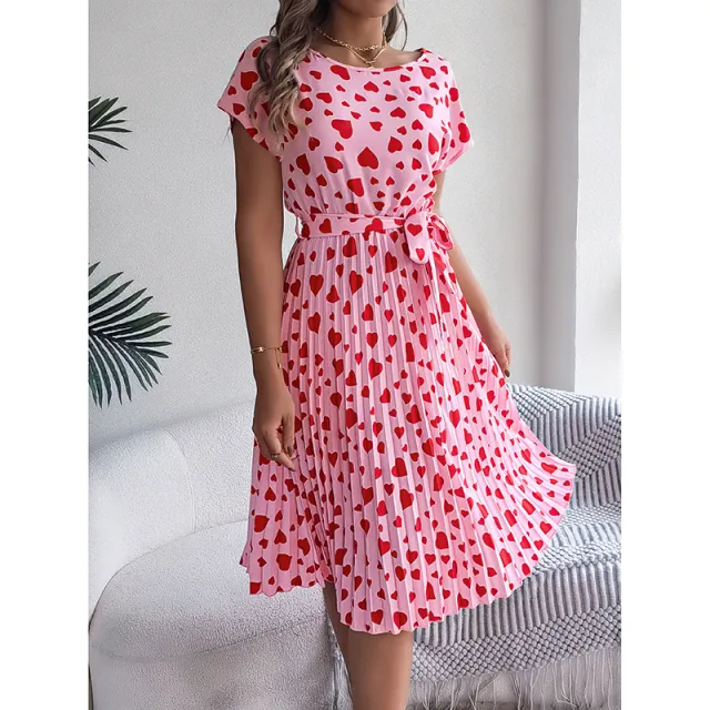 Women's Heart Print Midi Dress Crew Neck Short Sleeve Belted Pleated Sundress Pink - Shop at LoveMi