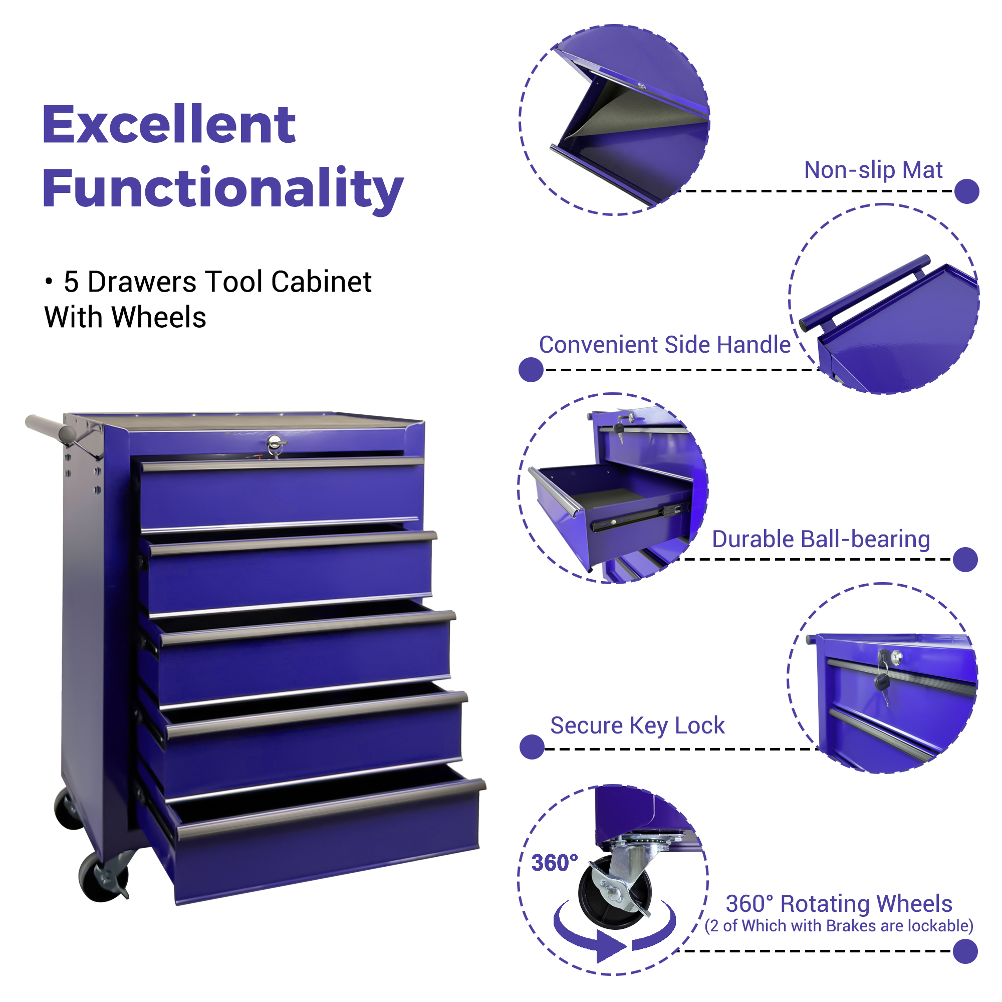 Rolling Metal Tool Chest With 5 Drawers, 20inch 5-Drawer Tool Chest Cabinet With Ball Bearing Drawer Slides, Steel Tool Storage Box Organizer -PURPLE — foto 5