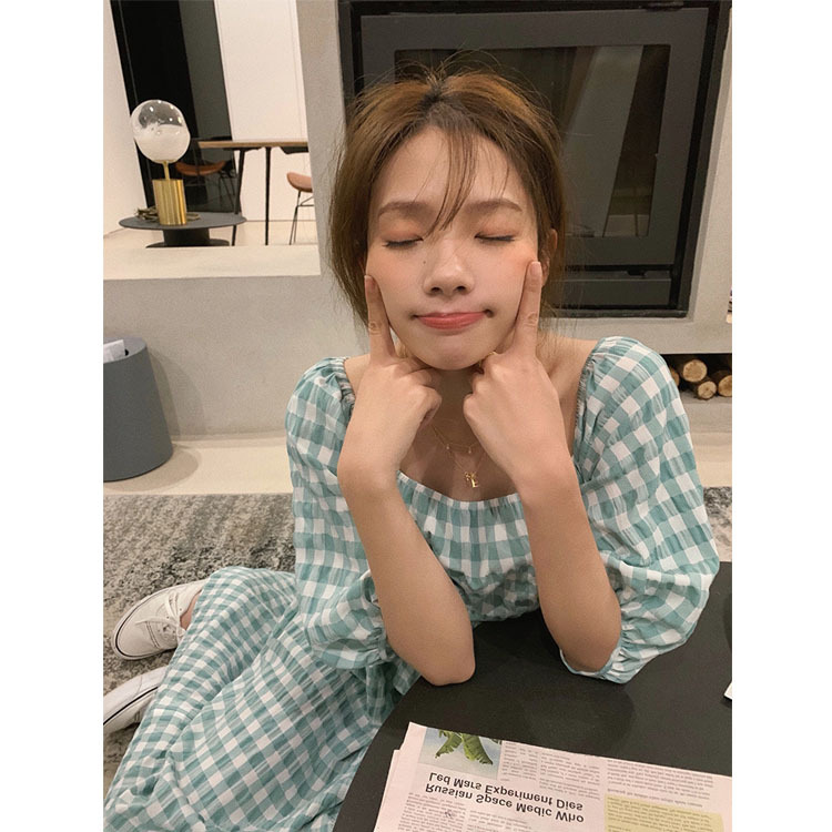 Plaid Square Neck Puff Sleeve Dress Women's Waist