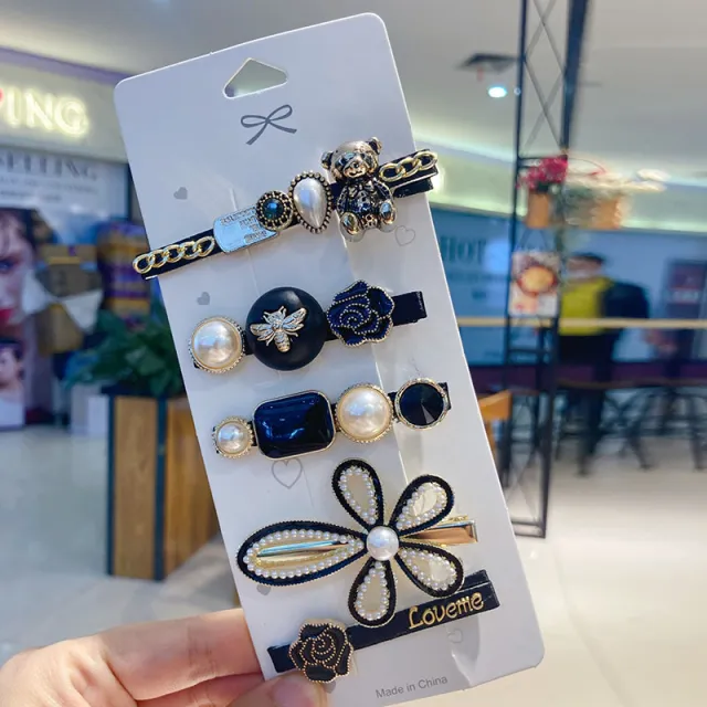 Hairpin Rhinestone Pearl Hairpin Edge Clip Headdress Black Hairpin Combination - Shop at LoveMi