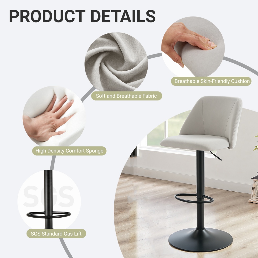 Swivel Bar Stools Upholstered Adjustable Barstools Counter Heigh For Bar, Dining Room, Set Of 1, Beige image 20