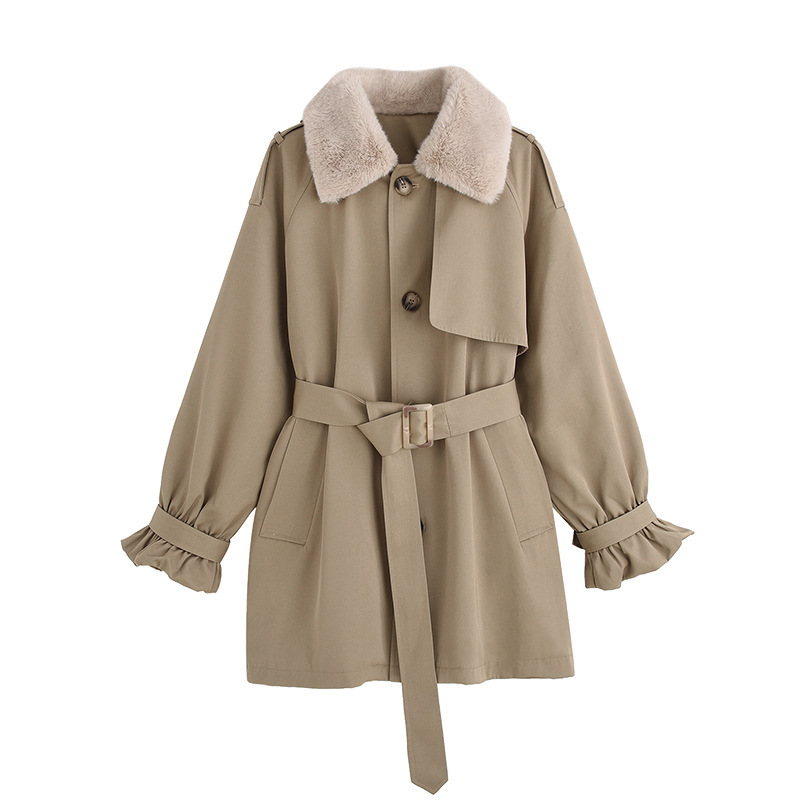 Waist Slimming Plus Velvet Thickening Women's Winter Khaki Cotton Coat