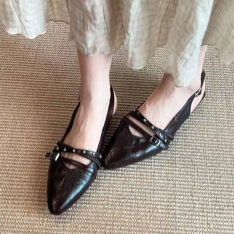 Women Retro Punk Rivet Studded Double Strap Slingback Flats, Pointed Toe Wrinkled Distressed Leather Cutout Metal Buckle Backless Slip On Casual Daily Mule Sandals — view 4