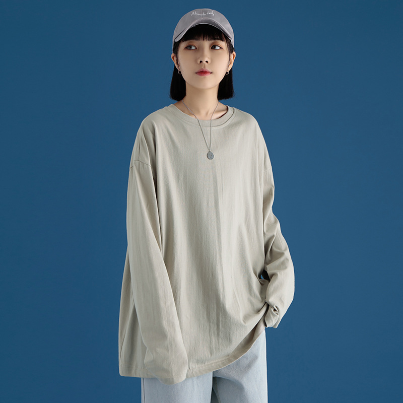 Solid Color Long-sleeved T-shirt Women's Large Size Loose All-match Classic Round Neck