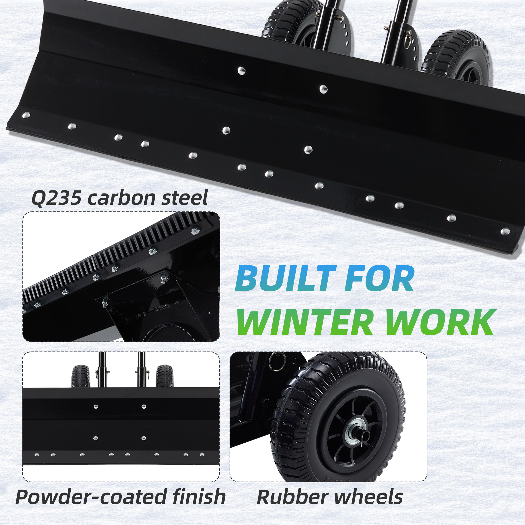 Adjustable Wheeled Snow Pusher, Q235 Carbon Steel Snow Removal Tool For Yard & Driveway image 4