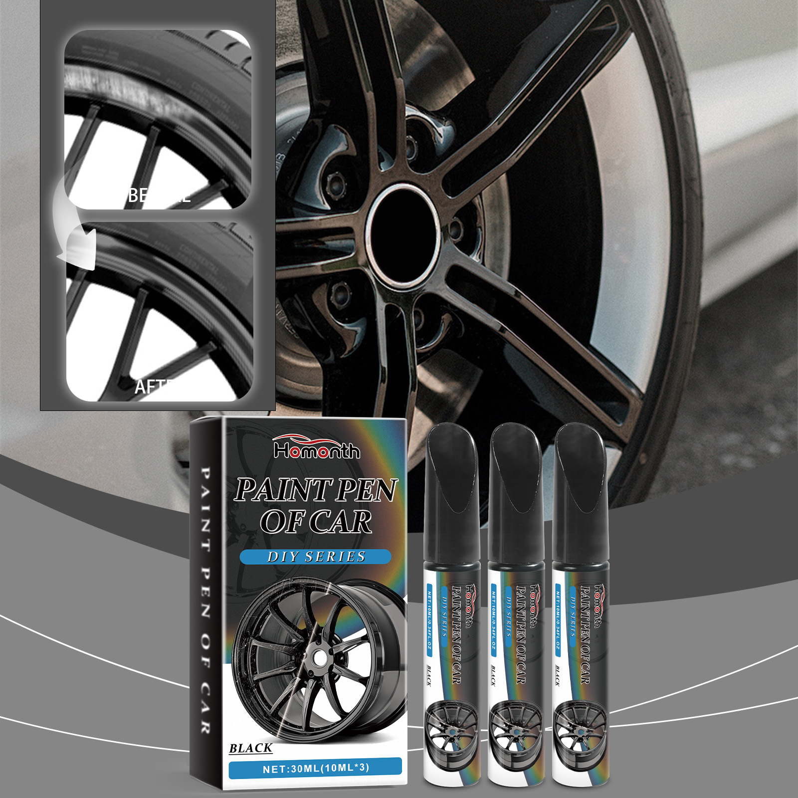 Car Paint Scratches, Dirt Removal, Repair, Touch Up Pen, Car Parts, Wheel Hub Scratch Repair Pen  Black  10mlx3 1 Box 5