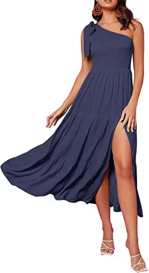New Summer Fashion Women's One shoulder Pleated Layered Hem Split Dress Navy Blue - Shop at LoveMi